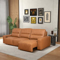 Modern cognac leather convertible sectional sofa with power reclining features in a stylish, well-lit living room.