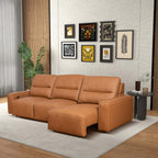 Modern cognac leather convertible sectional sofa with power reclining features in a stylish, well-lit living room.