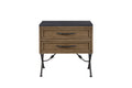 Almond wood 2-drawer nightstand with charcoal textured top, iron hardware, and decorative metal legs.