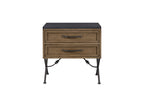 Almond wood 2-drawer nightstand with charcoal textured top, iron hardware, and decorative metal legs.