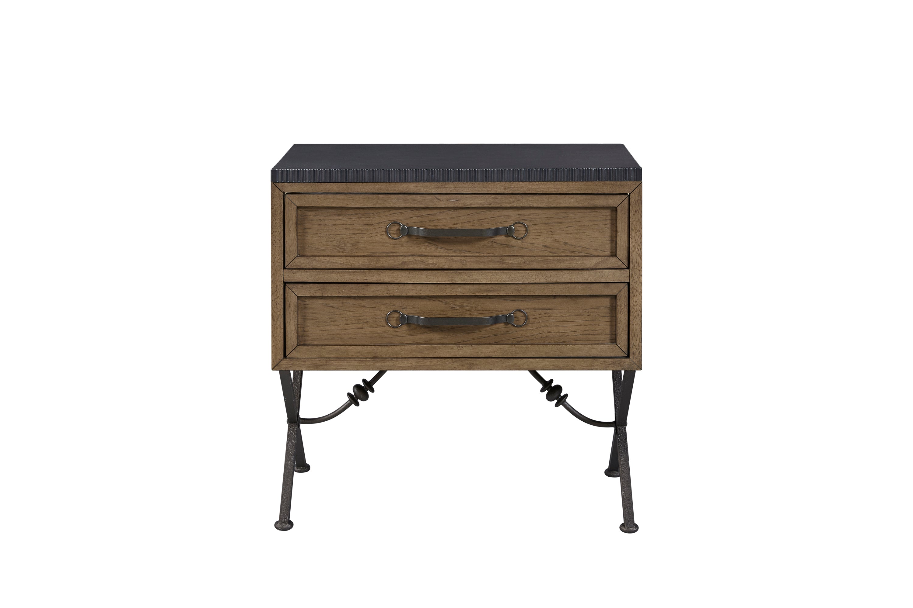Almond wood 2-drawer nightstand with charcoal textured top, iron hardware, and decorative metal legs.