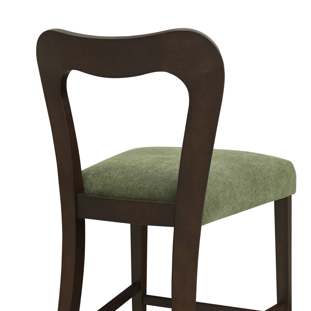 Set of 2 Rubberwood Counter Stools in Dark Brown and Green.