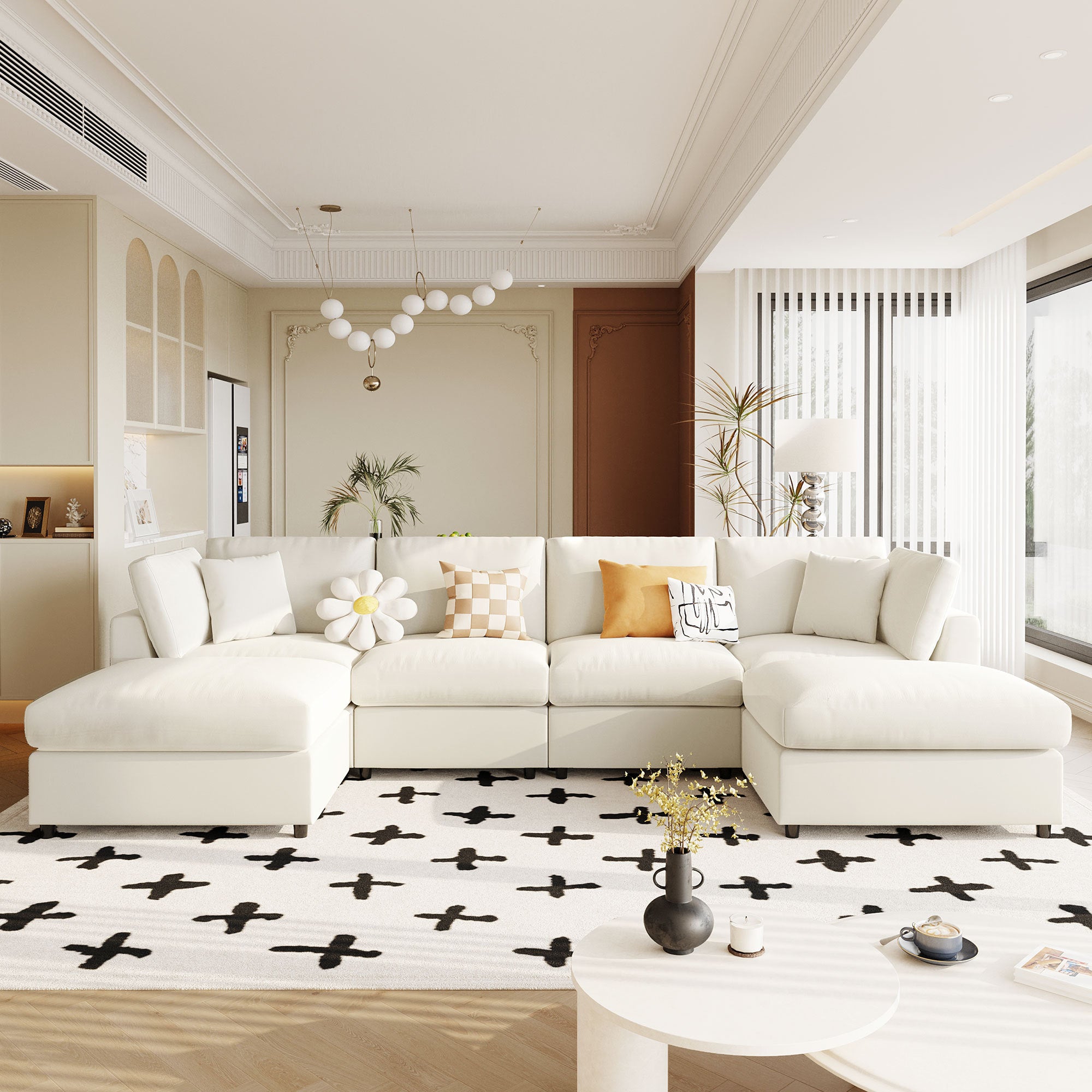 U-Shaped Sectional Sofa - U_STYLE with 2 Ottomans in white chenille fabric, styled in a modern living room with natural lighting and decor.