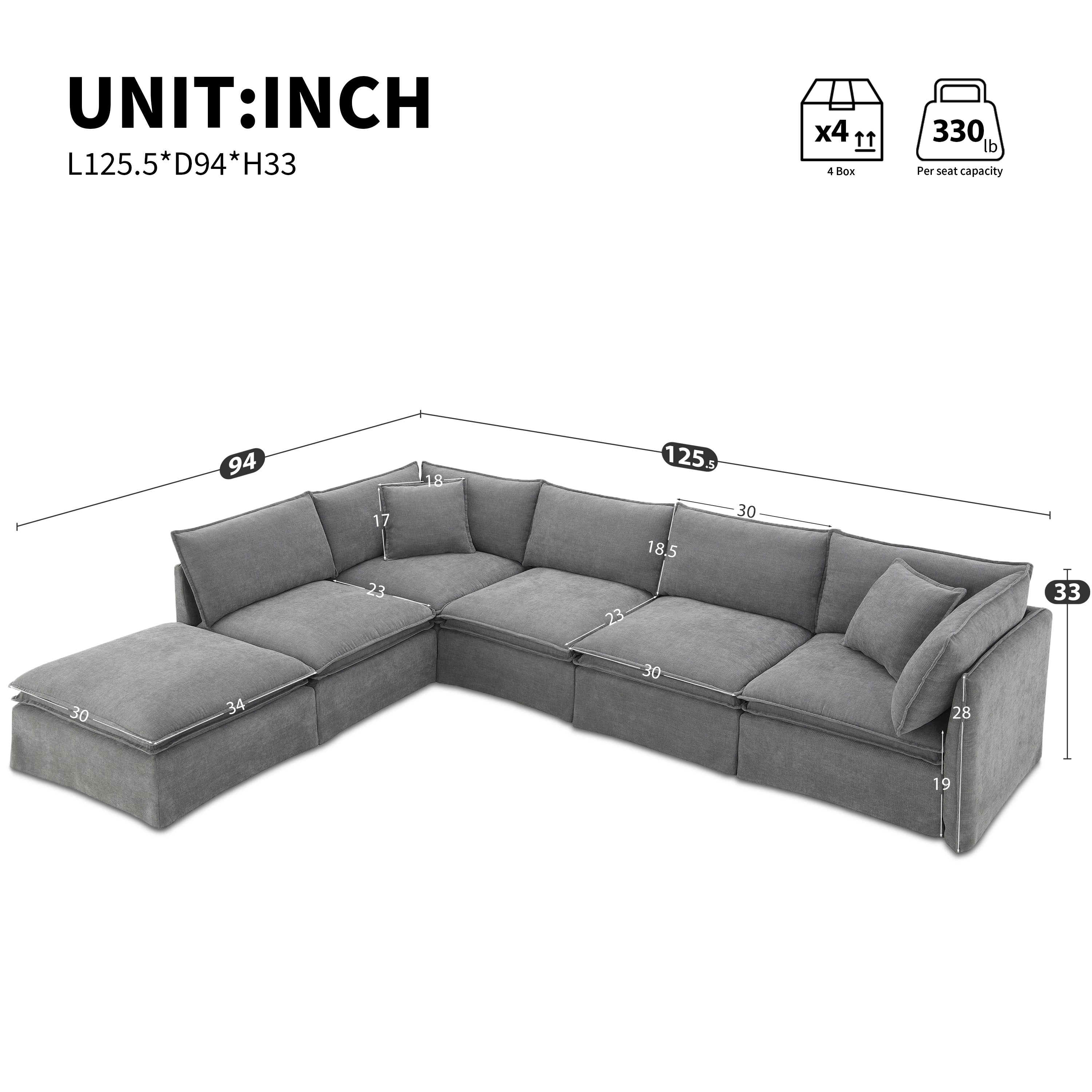 Dimensions of modular sectional sofa with 6 seats and ottoman shown in inches, highlighting flexible L-shape layout and seat capacity.