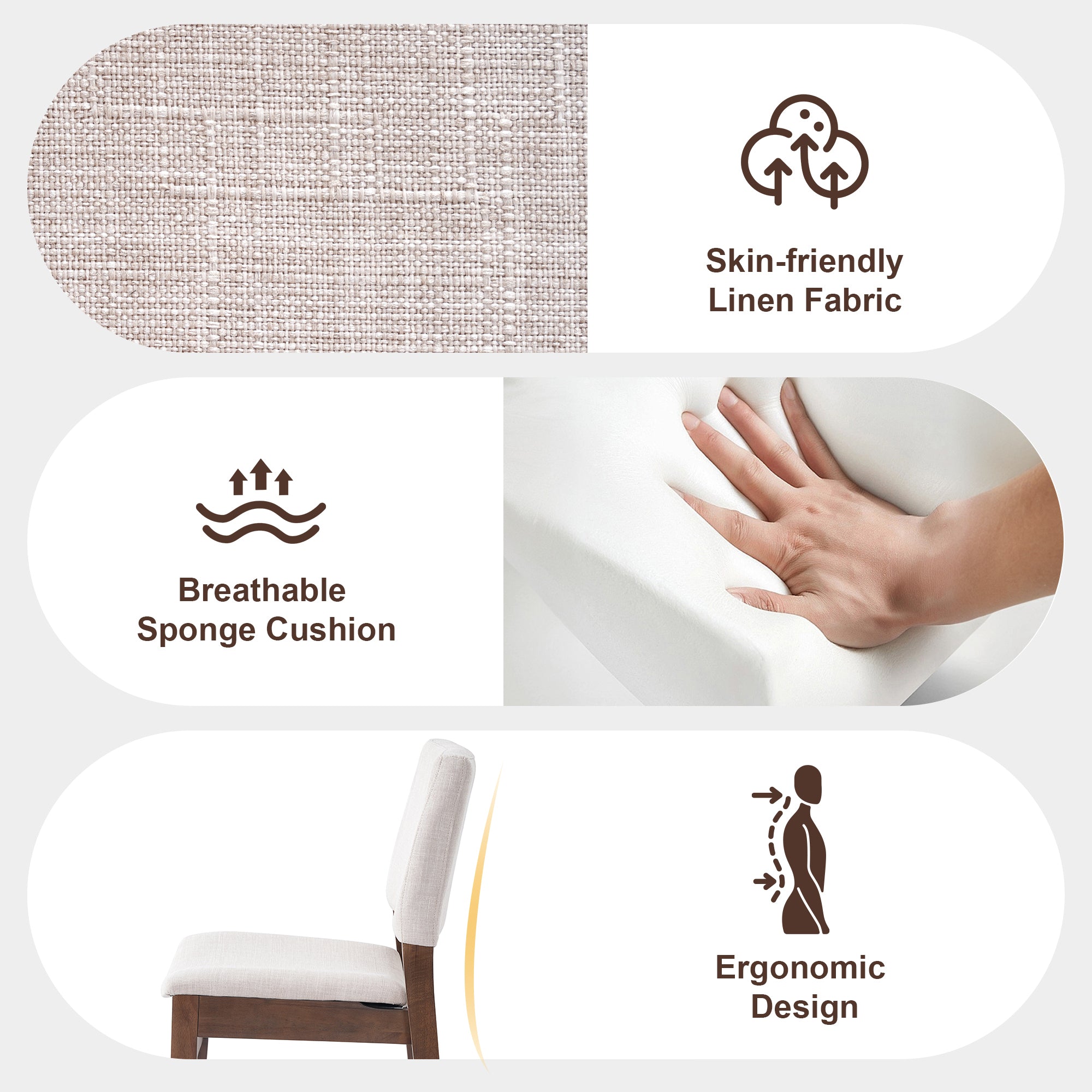 Close-up of linen fabric, sponge cushion, and ergonomic design. Highlights comfort and quality of upholstered dining chairs.