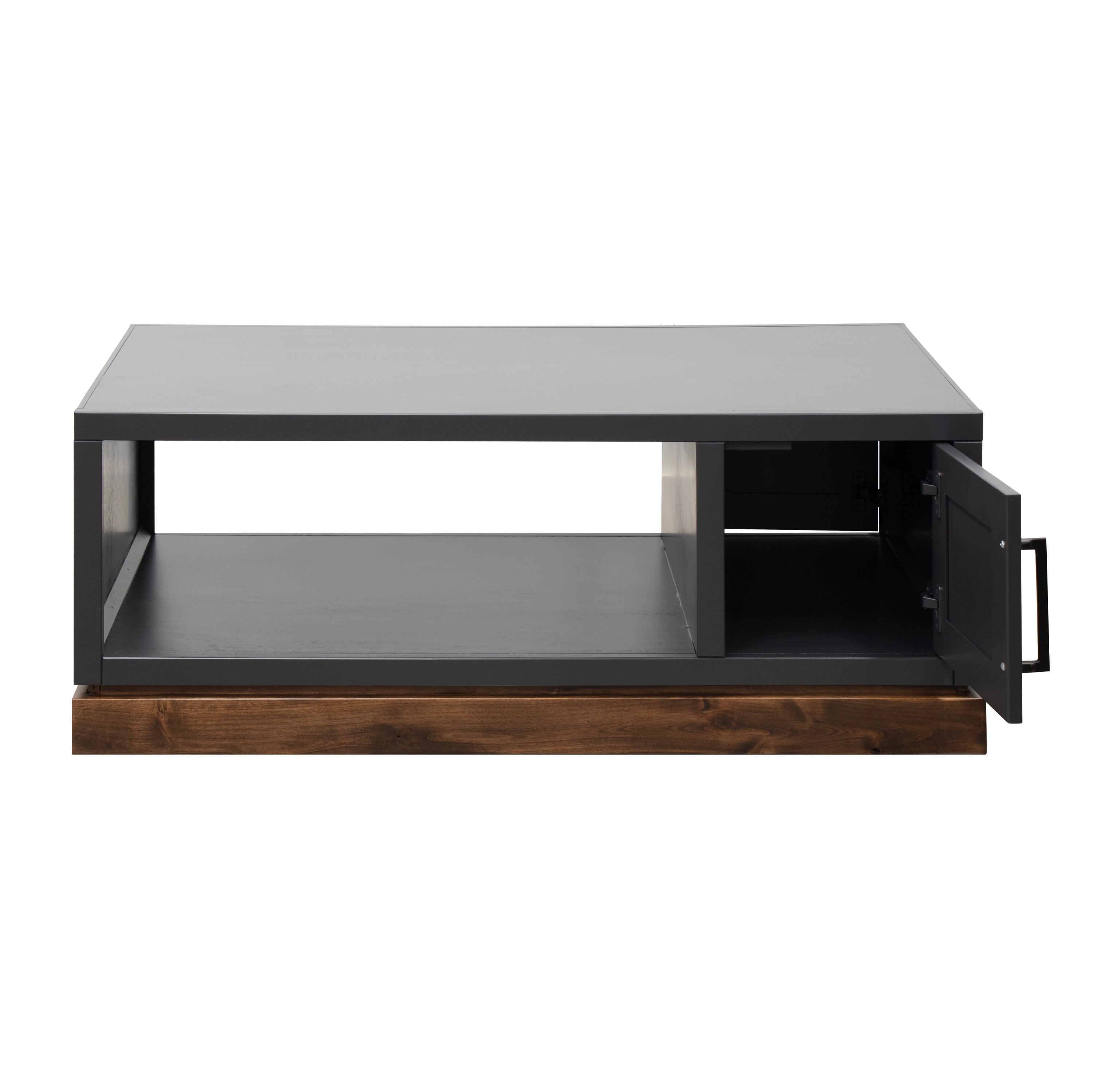 Nora Coffee Table - No Assembly Required | Black Finish with open cabinet door revealing interior storage, ideal for organizing living room essentials.