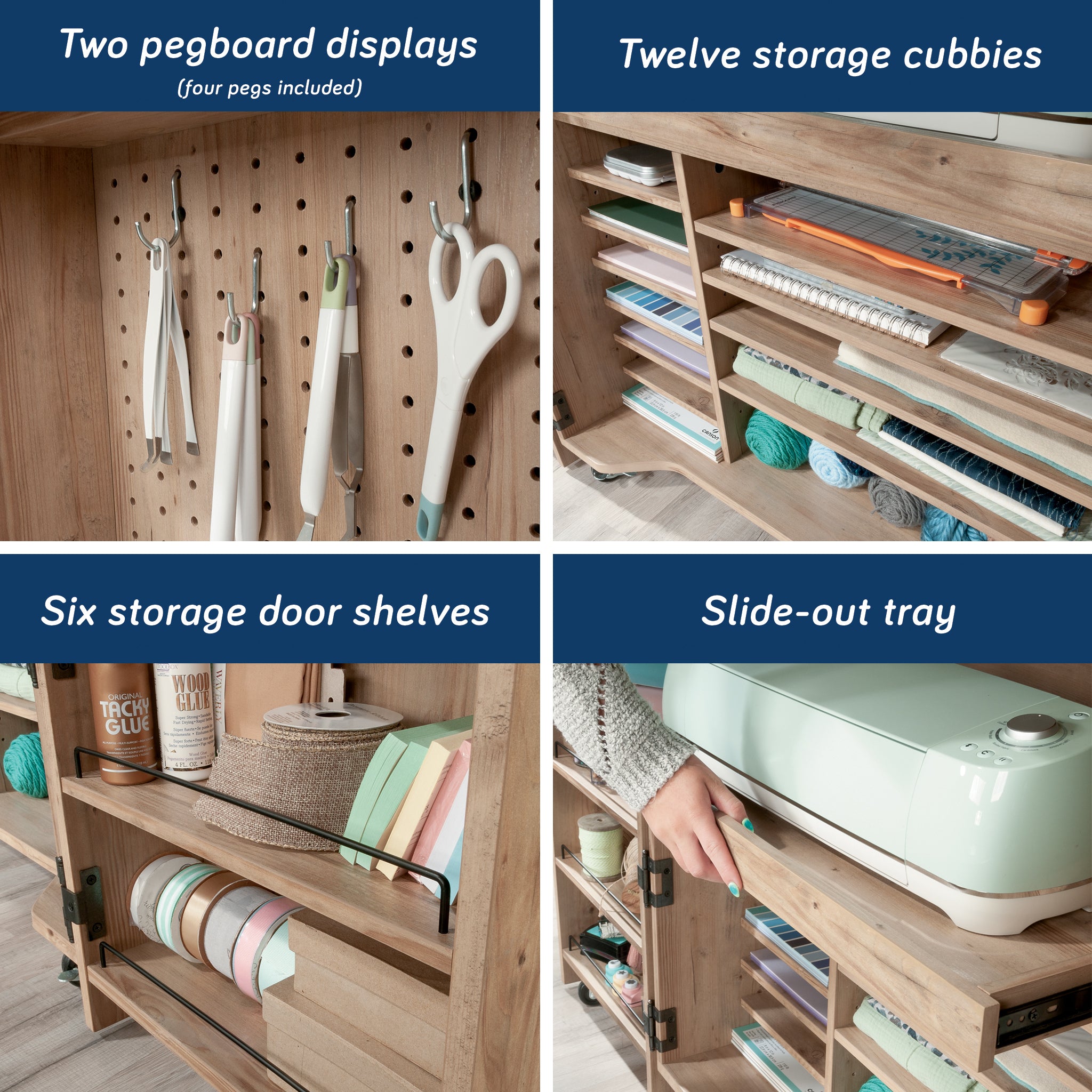 Craft Cart with Storage for Home features pegboards, cubbies, door shelves, and slide-out tray for efficient craft organization.