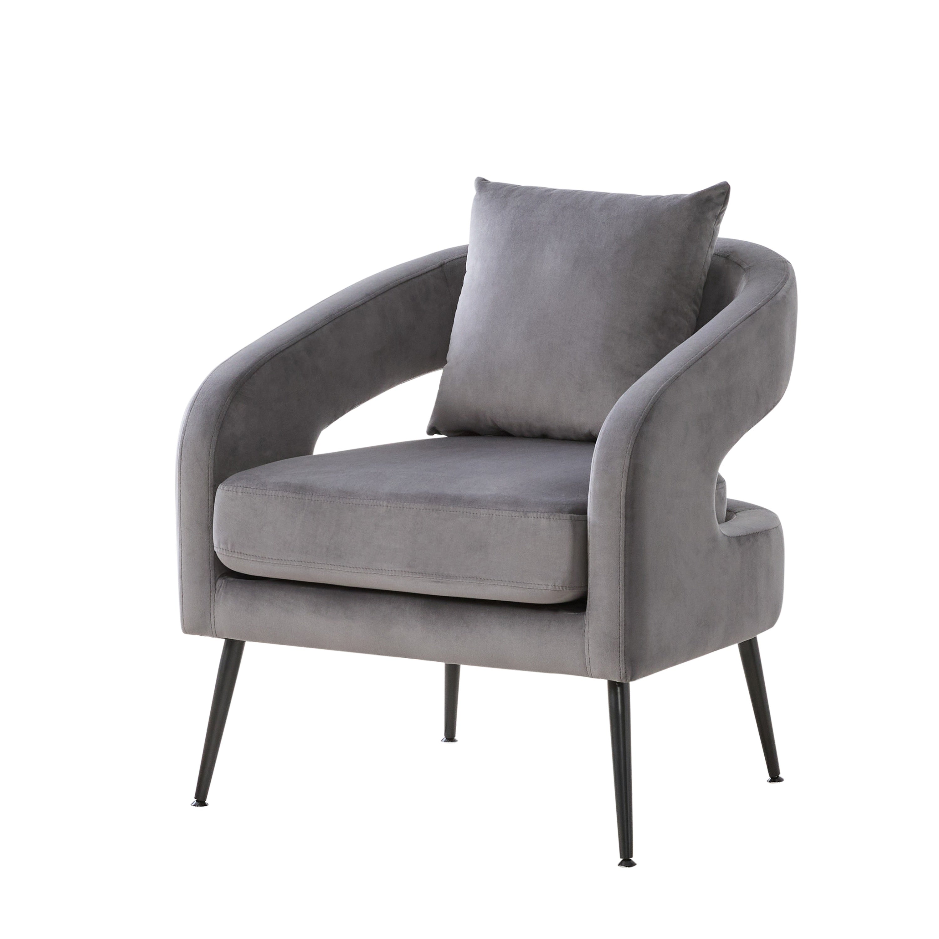 Modern Upholstered Velvet Open Back Accent Chair with Metal Legs, Cozy Round Sofa Lounge Armchair, Charcoal
