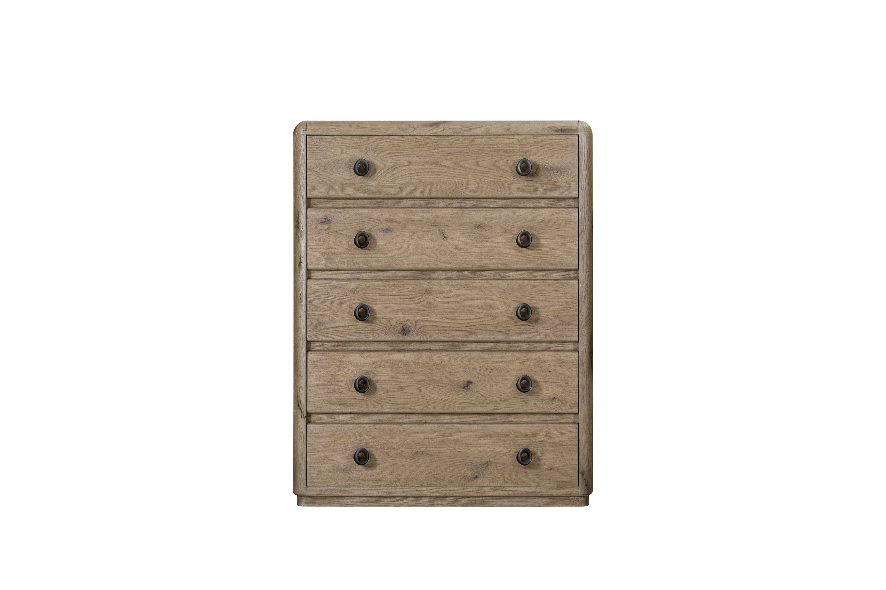 Chest in Oak - English Knotty with five spacious drawers and dark round knobs, ideal for bedroom storage and rustic interior decor.