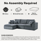 No assembly required for L-shaped sectional sofa with chaise, simply unbox, unroll, and wait for full expansion.