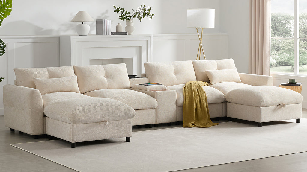 Modern 142'' modular sectional sofa with storage ottomans and console in cream fabric. Perfect for stylish and functional living spaces.