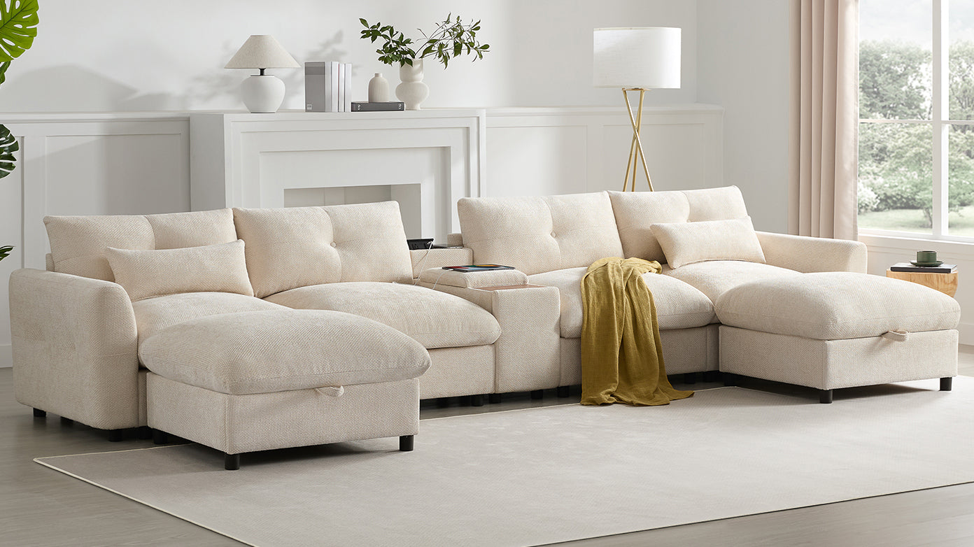 Modern 142'' modular sectional sofa with storage ottomans and console in cream fabric. Perfect for stylish and functional living spaces.