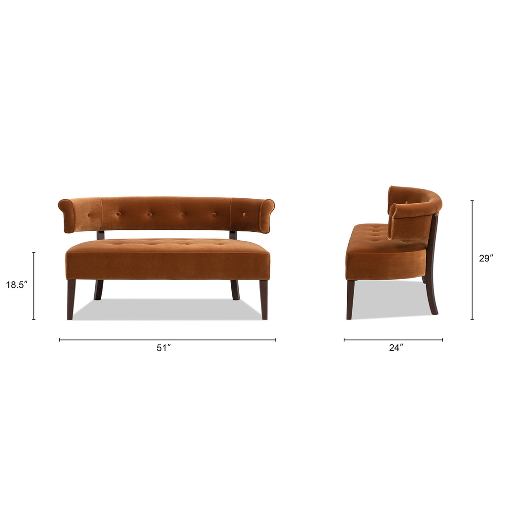 Dimensions of Burnt Orange Velvet Bench Settee with measurements for height, width, and depth for accurate space planning.