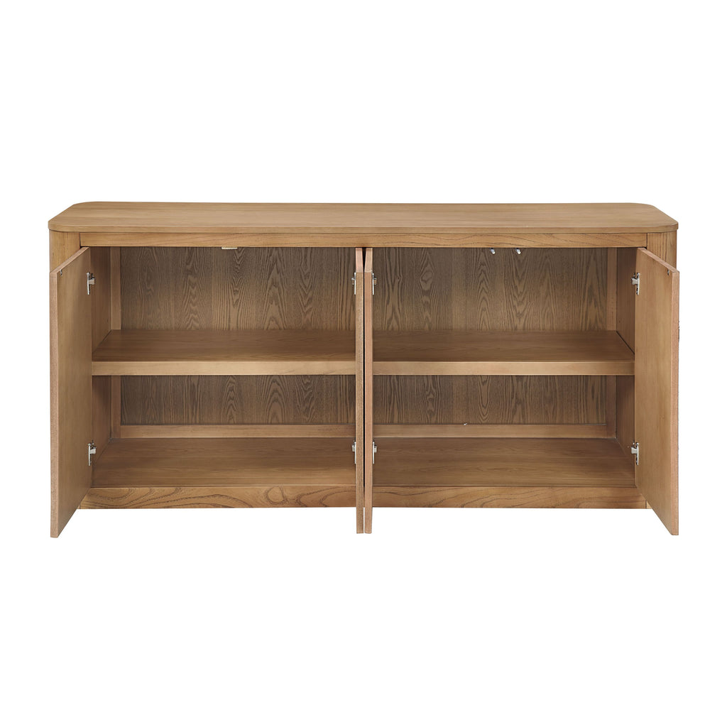 Interior view of light oak server with two adjustable shelves behind four doors, part of 8-piece light oak dining set with upholstered chairs.