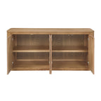 Interior view of light oak server with two adjustable shelves behind four doors, part of 8-piece light oak dining set with upholstered chairs.