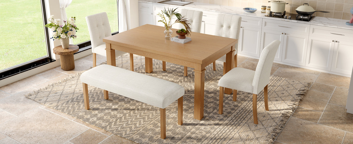 6-Piece Modern Dining Set, Rectangle Kitchen Table with 4 Upholstered Chairs & Bench, Ideal for Dining Room and Living Room, (Easy Assembly, Space Saving)