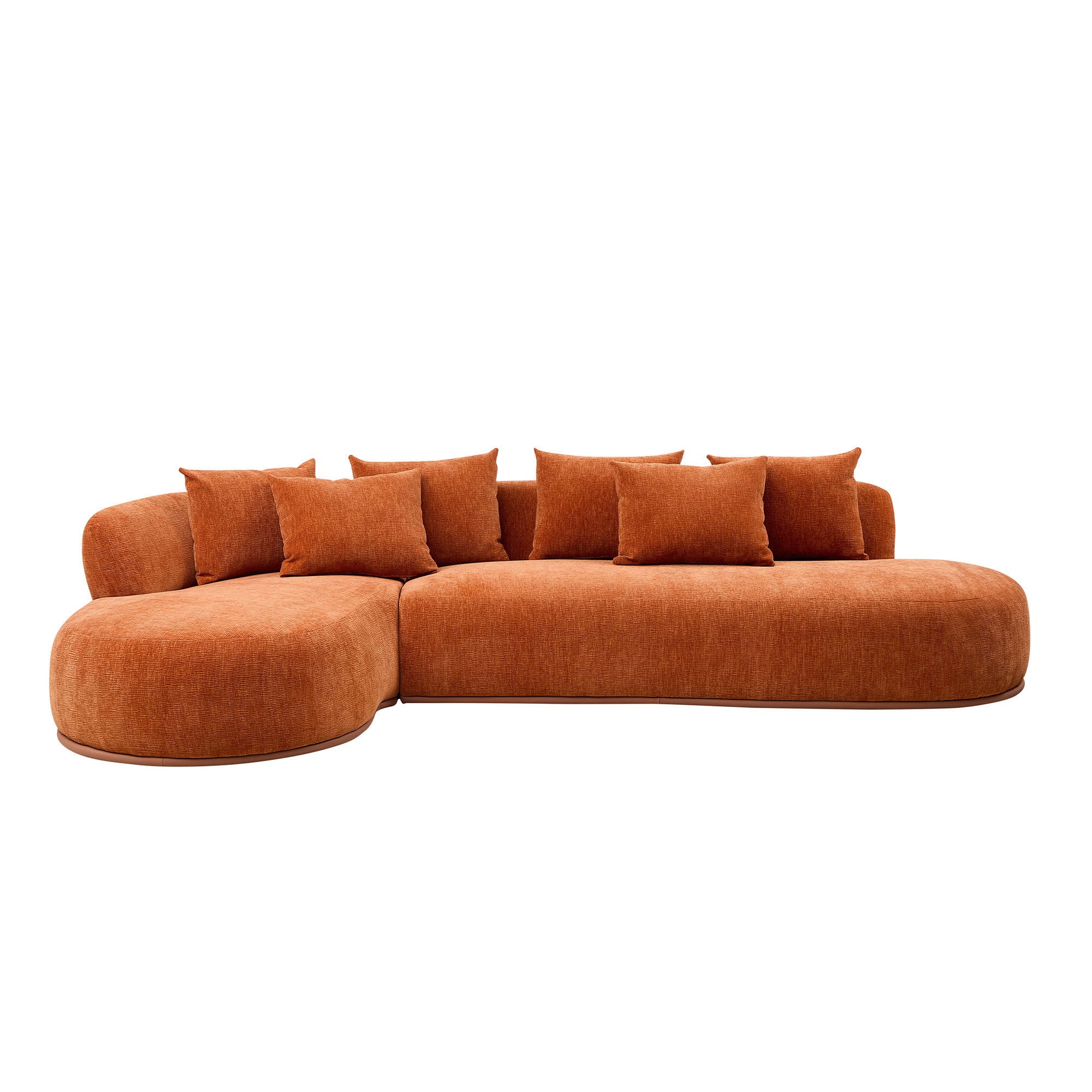 Modern L-shape sectional sofa in burnt orange with deep seat and chaise, offering plush comfort and oversized design for contemporary living rooms.