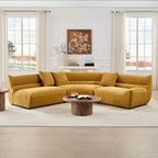 Mustard yellow, 3-piece modular curved sectional sofa in textured fabric with three matching throw pillows.