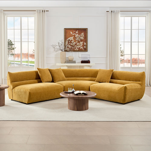 Mustard yellow, 3-piece modular curved sectional sofa in textured fabric with three matching throw pillows.