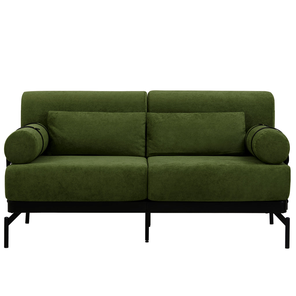 Modern Loveseat Sofa 2-Seater with USB Ports, Cylindrical Armrests, Green Chenille, 59 Inch