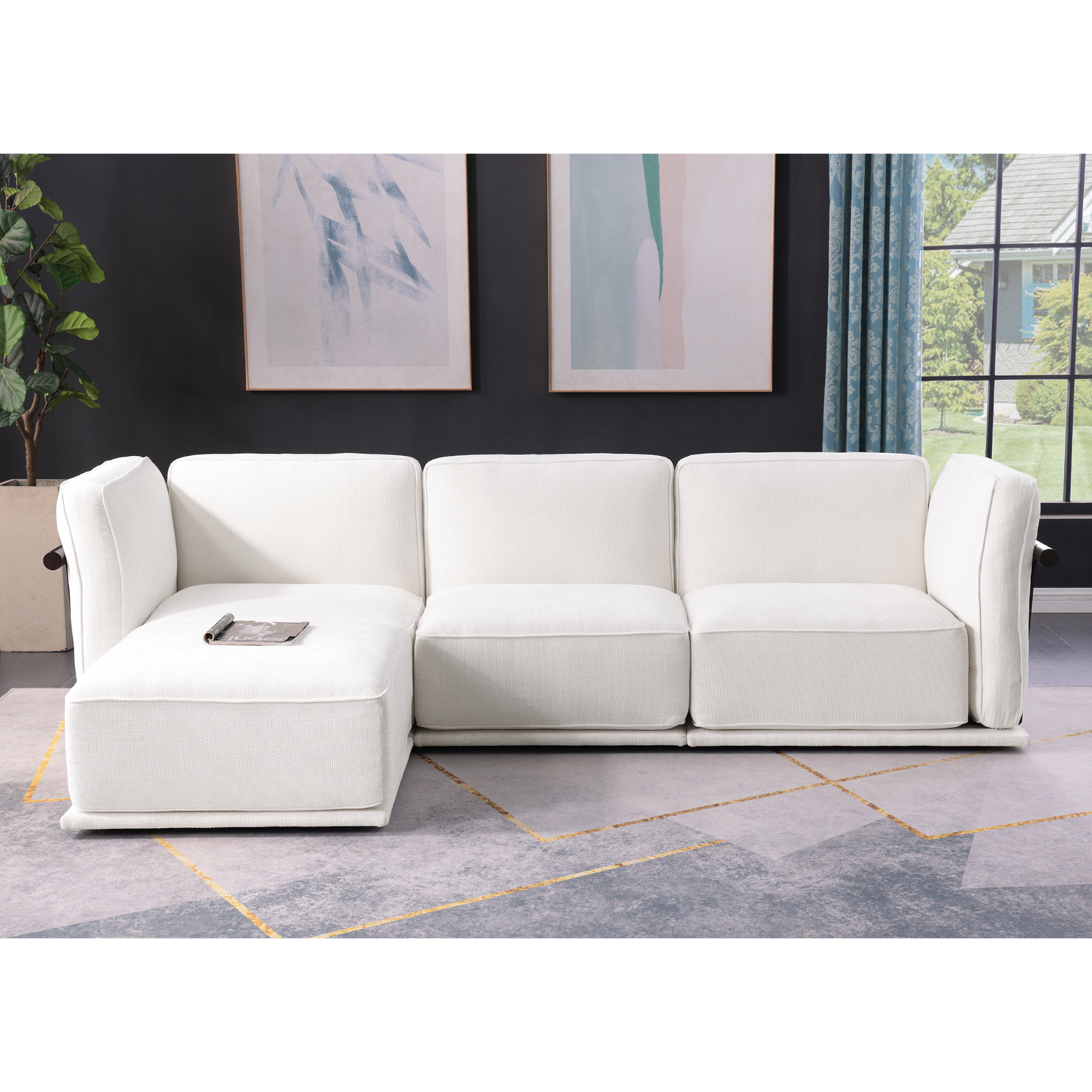 120-inch white chenille modular sectional sofa with deep, plush seating in a contemporary living room setting.