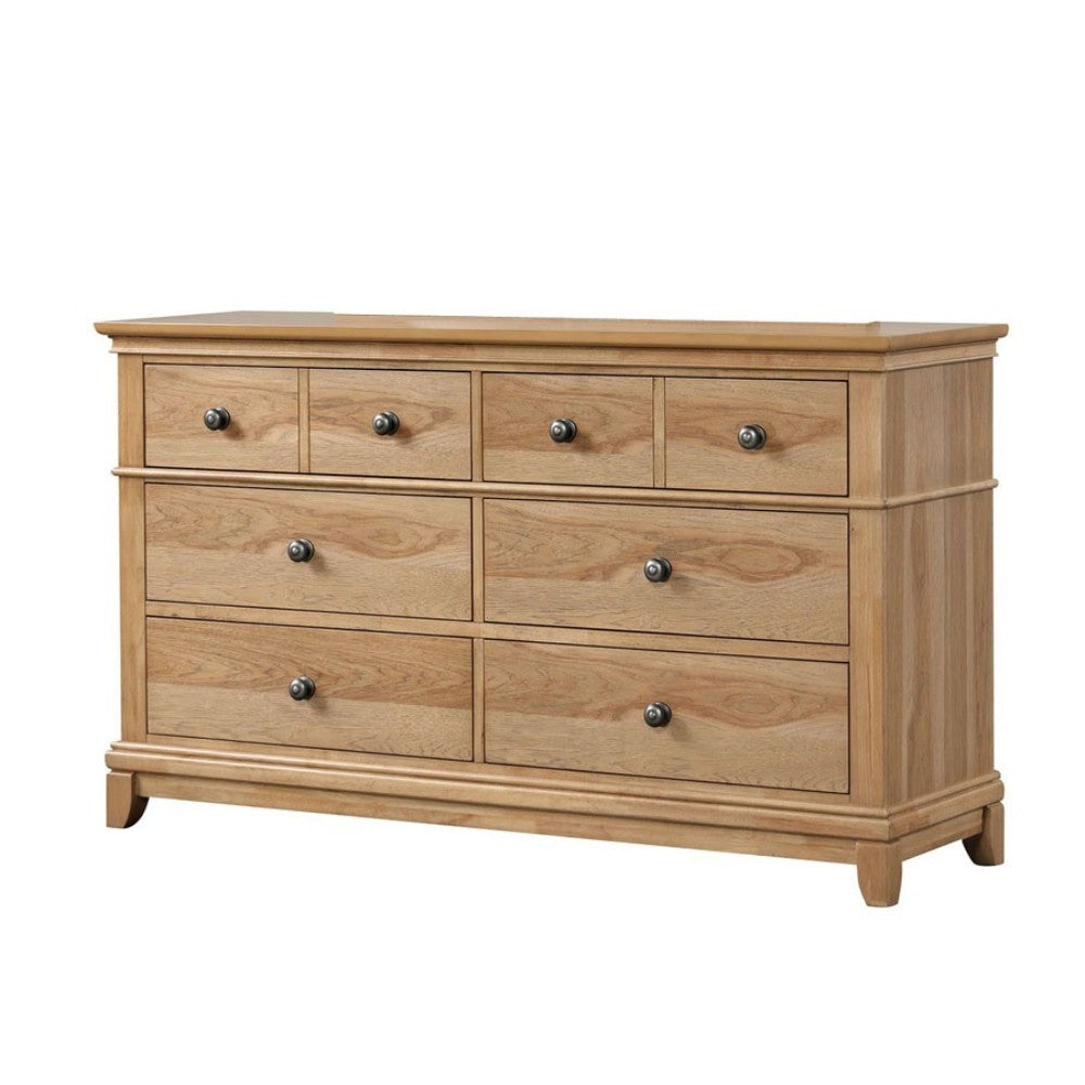 Angled view of Natural Oak Storage Dresser - Bedroom Furniture with 8 spacious drawers and smooth wood grain finish.