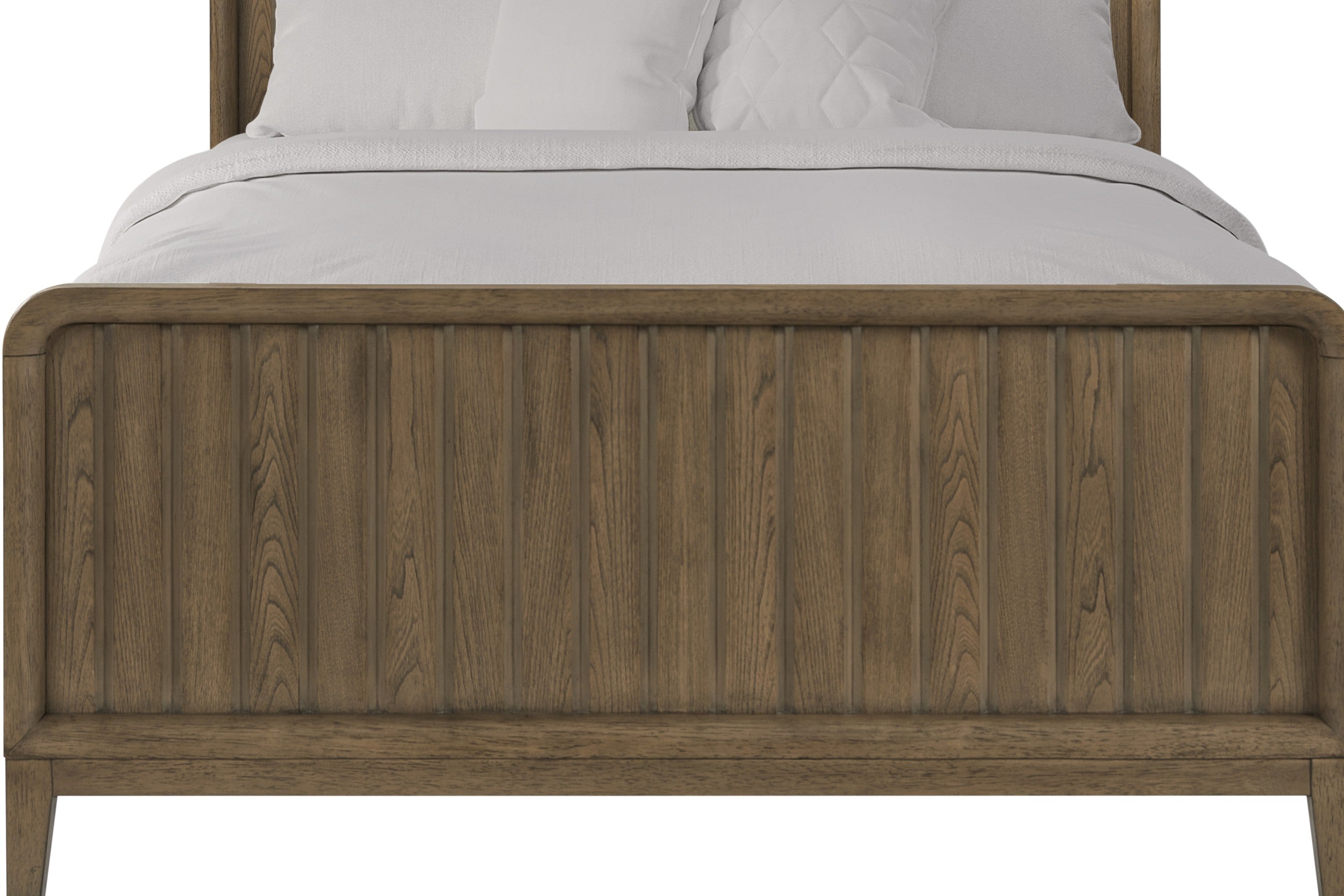 Close-up of Latte Wooden Full Bed footboard showcasing vertical elm veneer slats and smooth latte-toned finish for a modern rustic look.