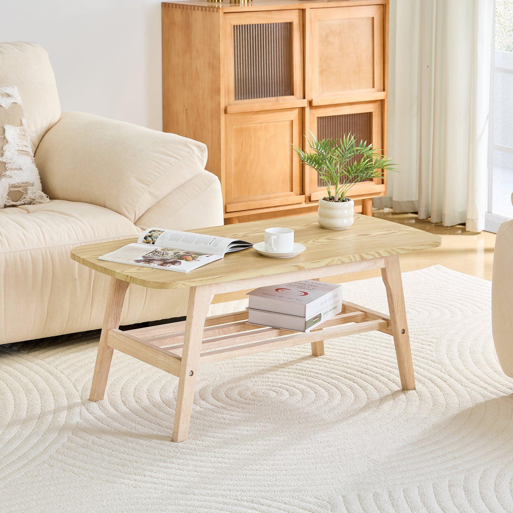 39 Inch Solid Wood Coffee Table with Double Layer Storage.