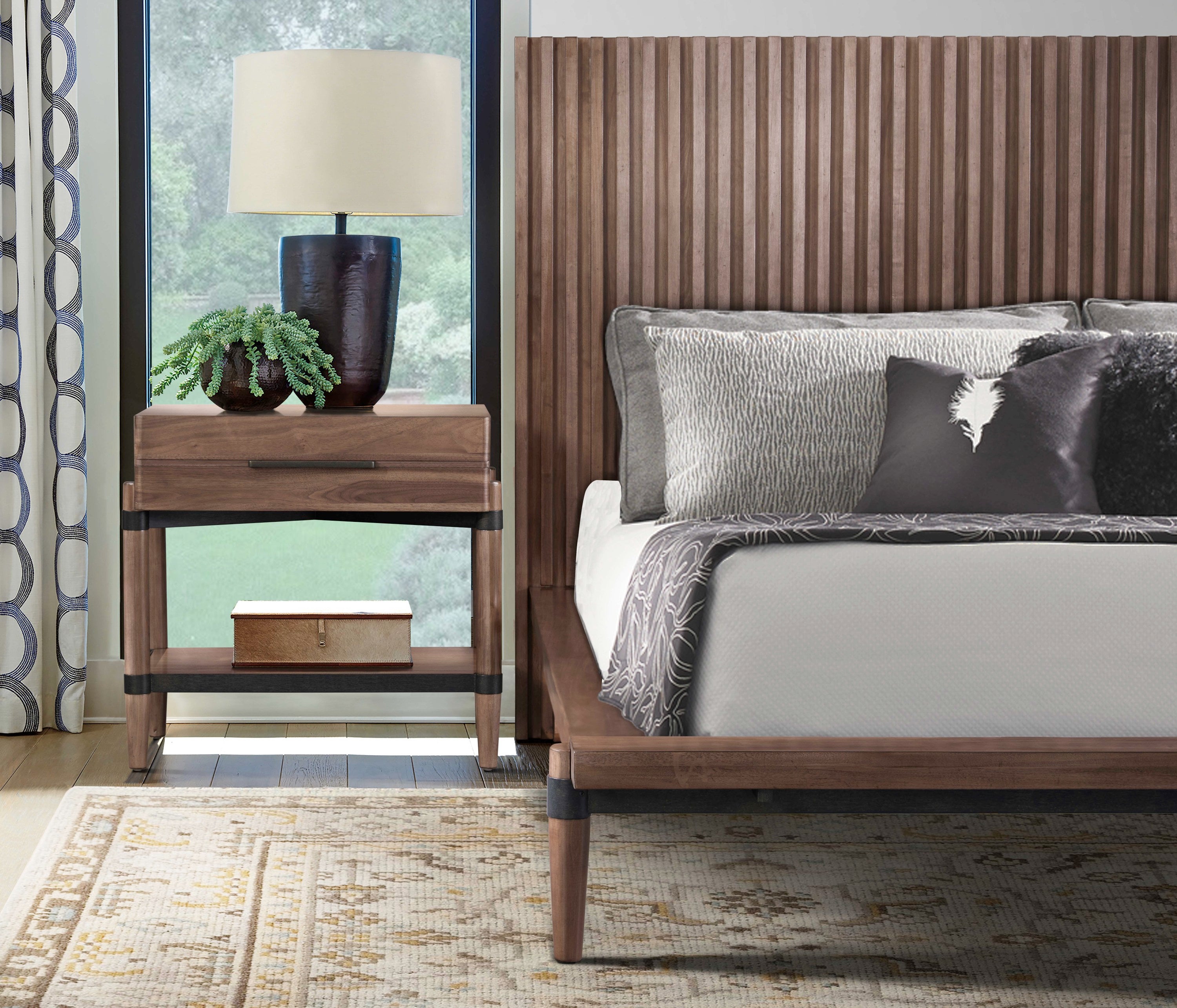 Walnut Finish Nightstand with one drawer and shelf beside a bed in a modern bedroom. Minimal assembly required, perfect for stylish storage.