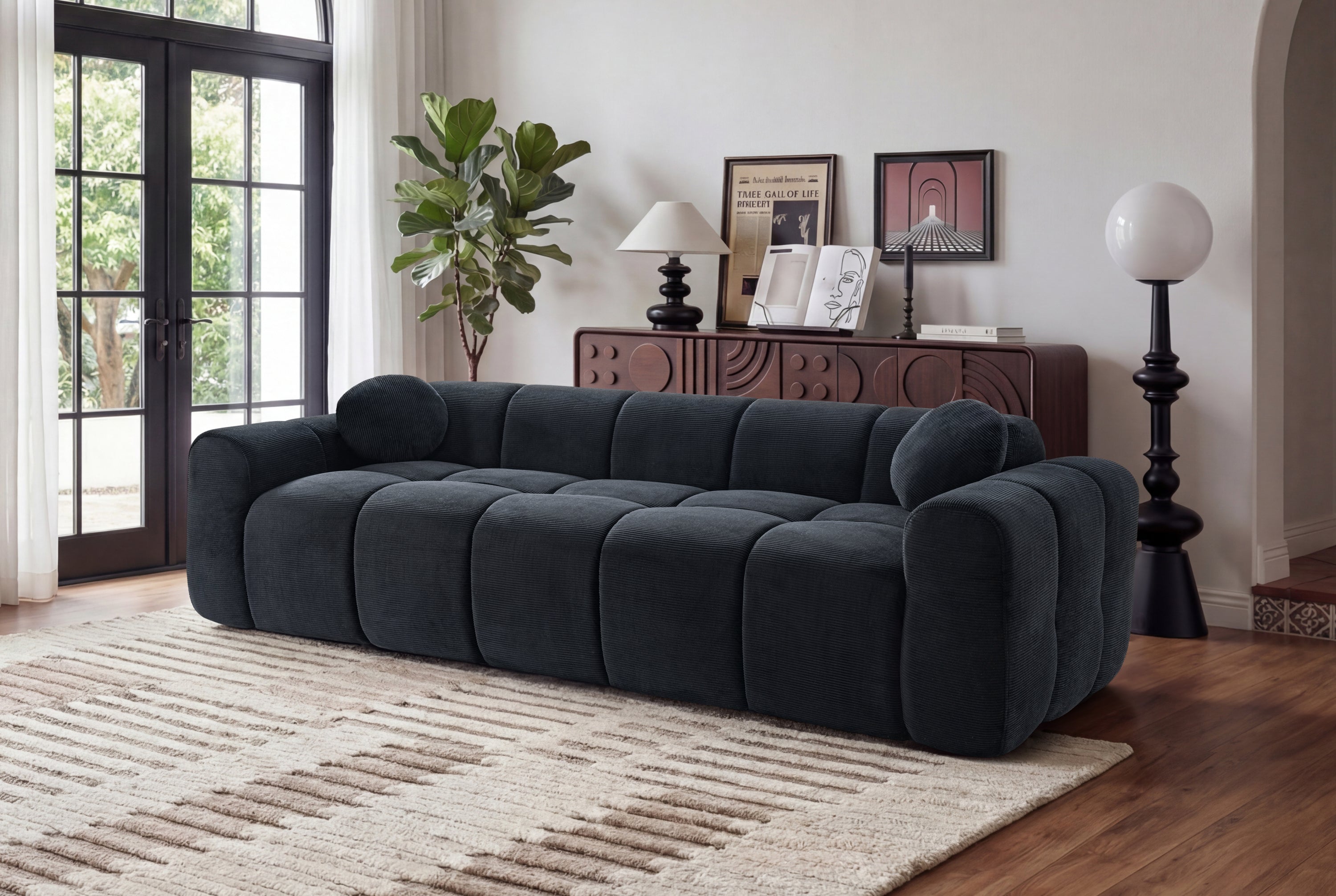 98-Inch Black Corduroy Cloud Sofa 4-Seater with Soft Pillows