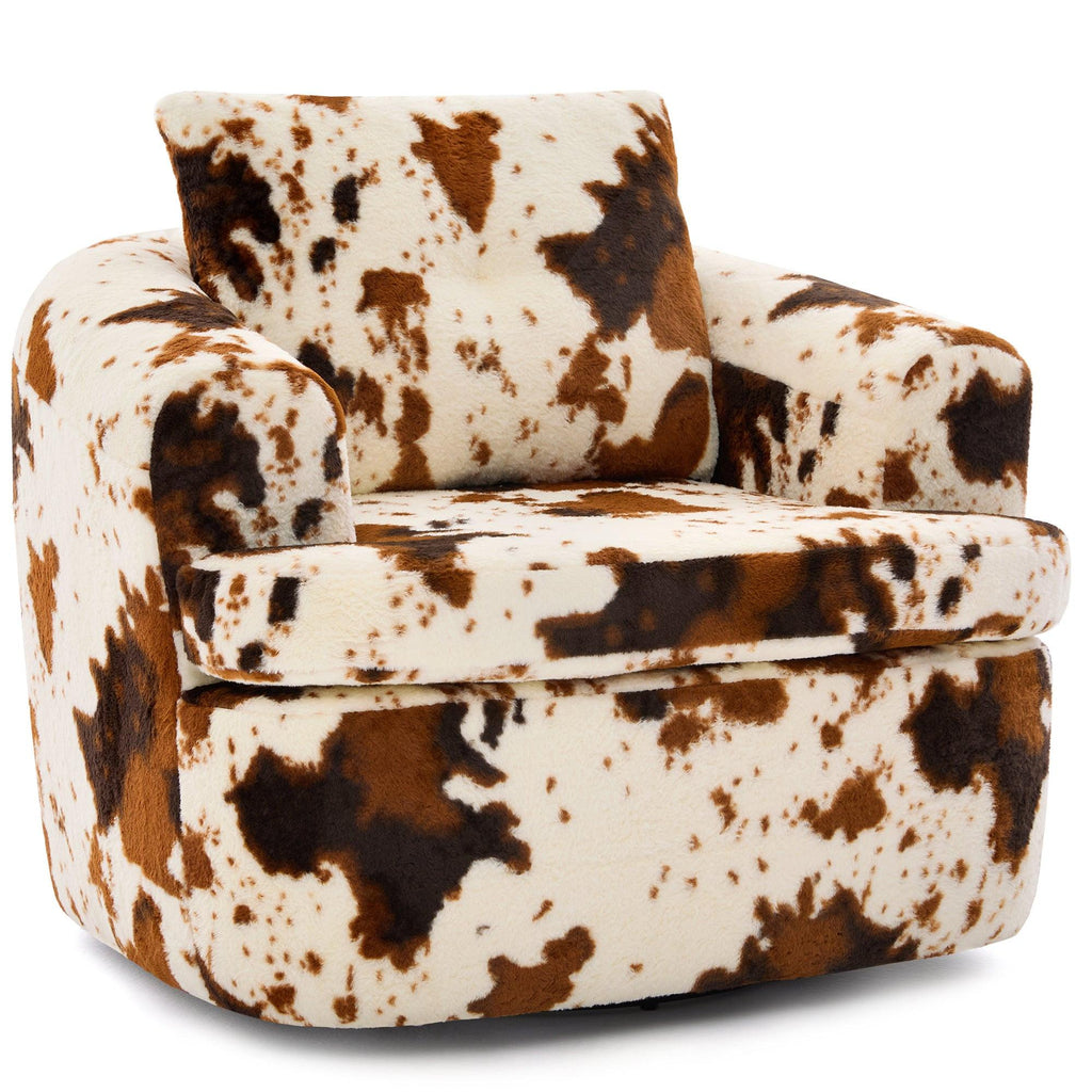 Modern 360° Swivel Accent Barrel Chair with Dual-Layer Cushion in Beige & Brown Faux Fur, 36.6' Round Seating for Living Room, Bedroom, Office, or Hotel.