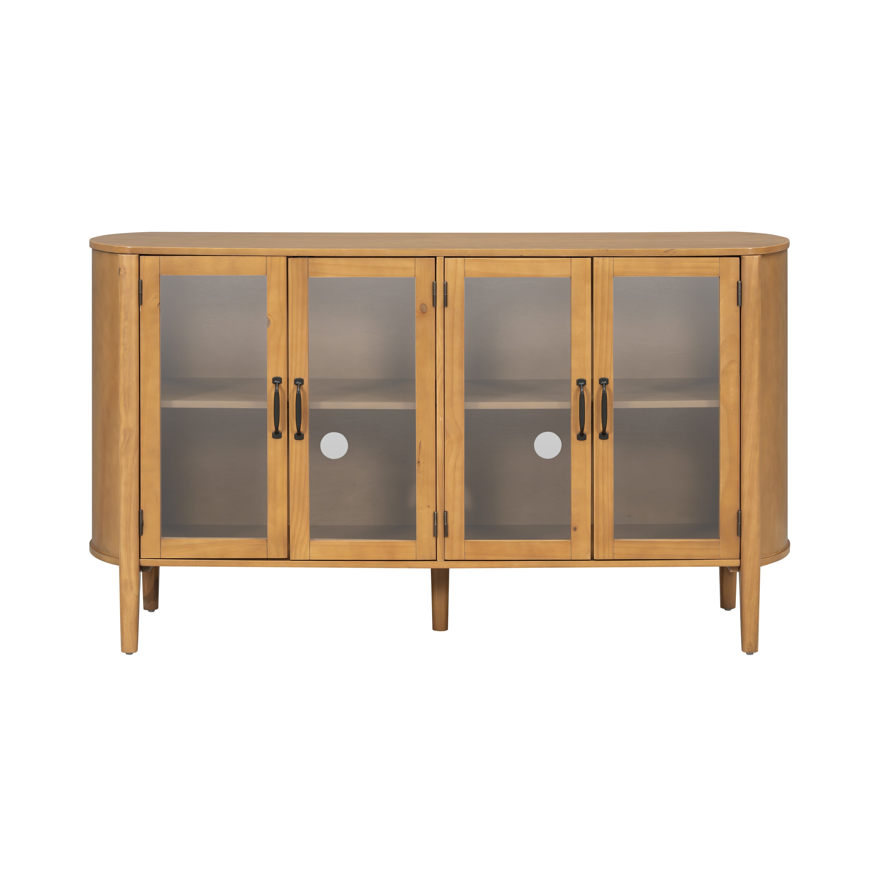 Natural wood storage cabinet - 4 doors with frosted glass panels and black handles, ideal for entryway or living room organization.