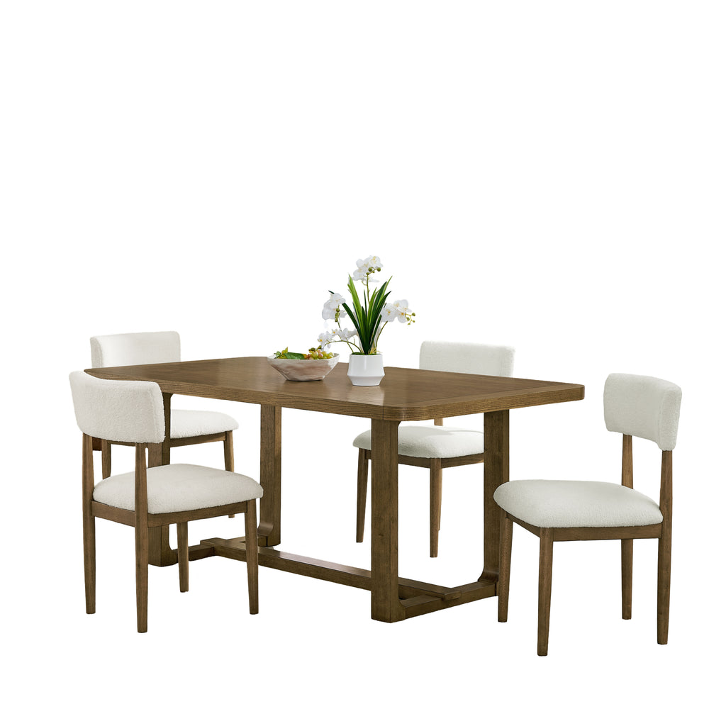 Walnut Oak Dining Set - Sleek Sled Base, Cozy Chairs shown with four beige Sherpa chairs and a 72-inch rectangular table.