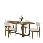 Walnut Oak Dining Set - Sleek Sled Base, Cozy Chairs shown with four beige Sherpa chairs and a 72-inch rectangular table.