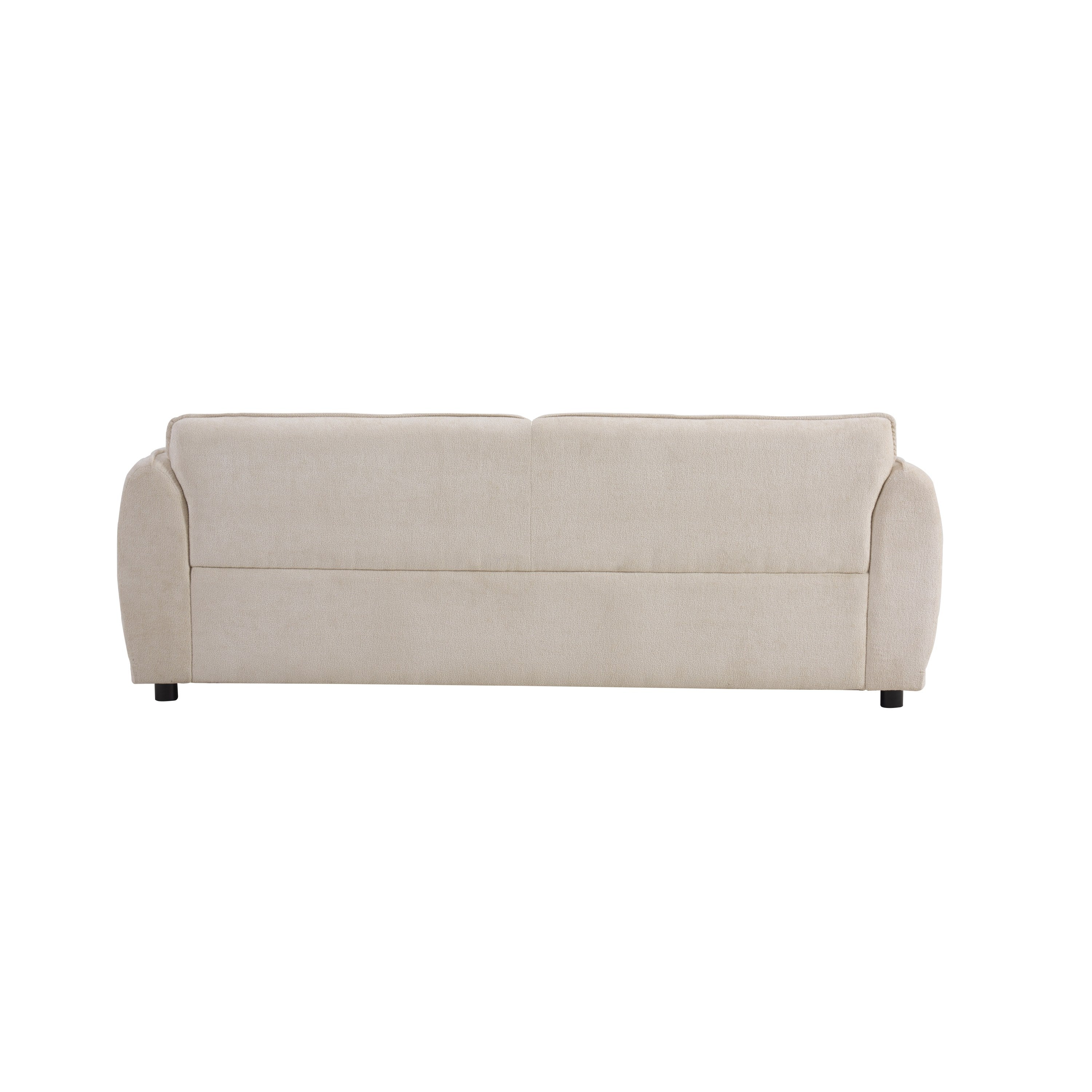 Rear view of Oslo 84' Round Arm 3 Seater Modern Upholstered Boucle Sofa highlighting its clean lines and smooth beige fabric finish.