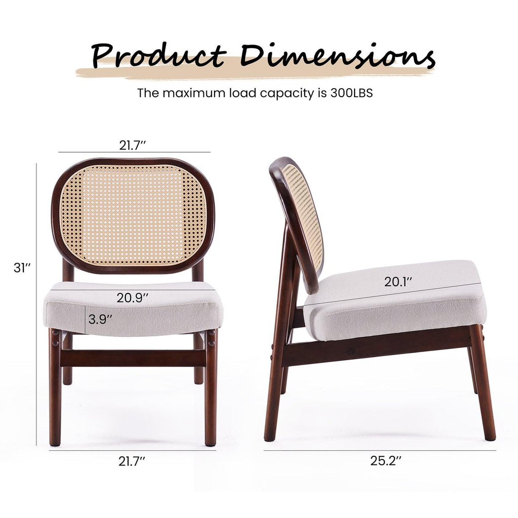 Rattan Accent Chair, Upholstered Living Room Chair with Rattan Back & Wood Frame, Mid-Century Modern Reading Chair for Living Room, Bedroom, Beige.
