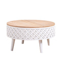 Round coffee table with storage featuring a white carved base and natural wood top, ideal for boho modern farmhouse living rooms.