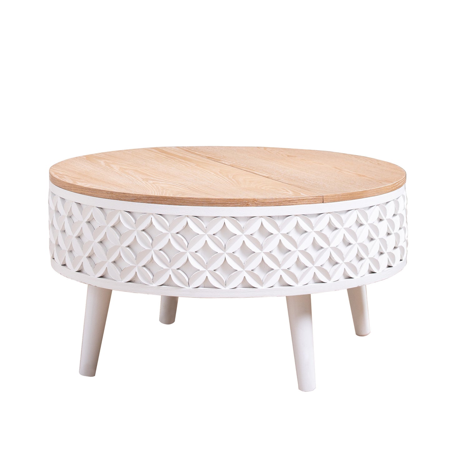 Round Coffee Table with Storage – 31.5' Lift-Top Accent Table, Boho Modern Farmhouse Living Room Furniture, White Carved Base with Natural Wood Top