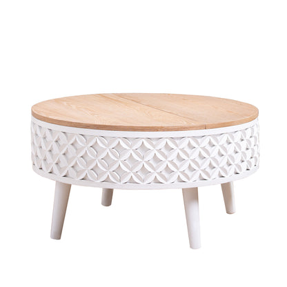 Round Coffee Table with Storage – 31.5' Lift-Top Accent Table, Boho Modern Farmhouse Living Room Furniture, White Carved Base with Natural Wood Top