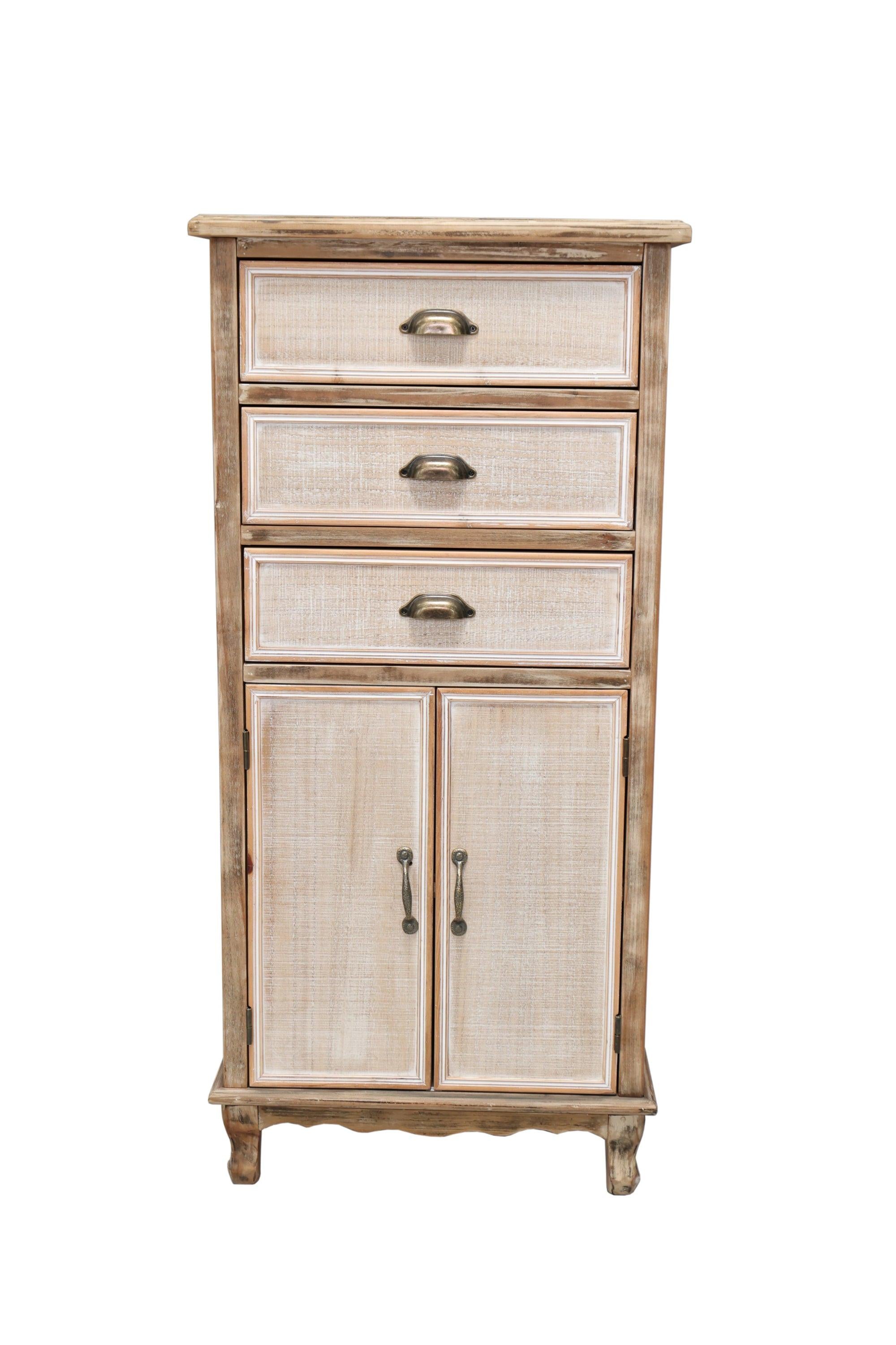 Rustic Wooden Storage Cabinet with Cutout Door & Drawers.