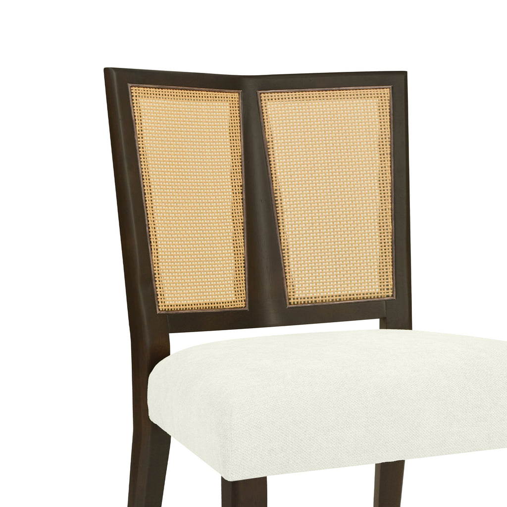 Close-up of Rattan Dining Chair backrest featuring natural cane weave framed in dark wood for a stylish and breathable design.