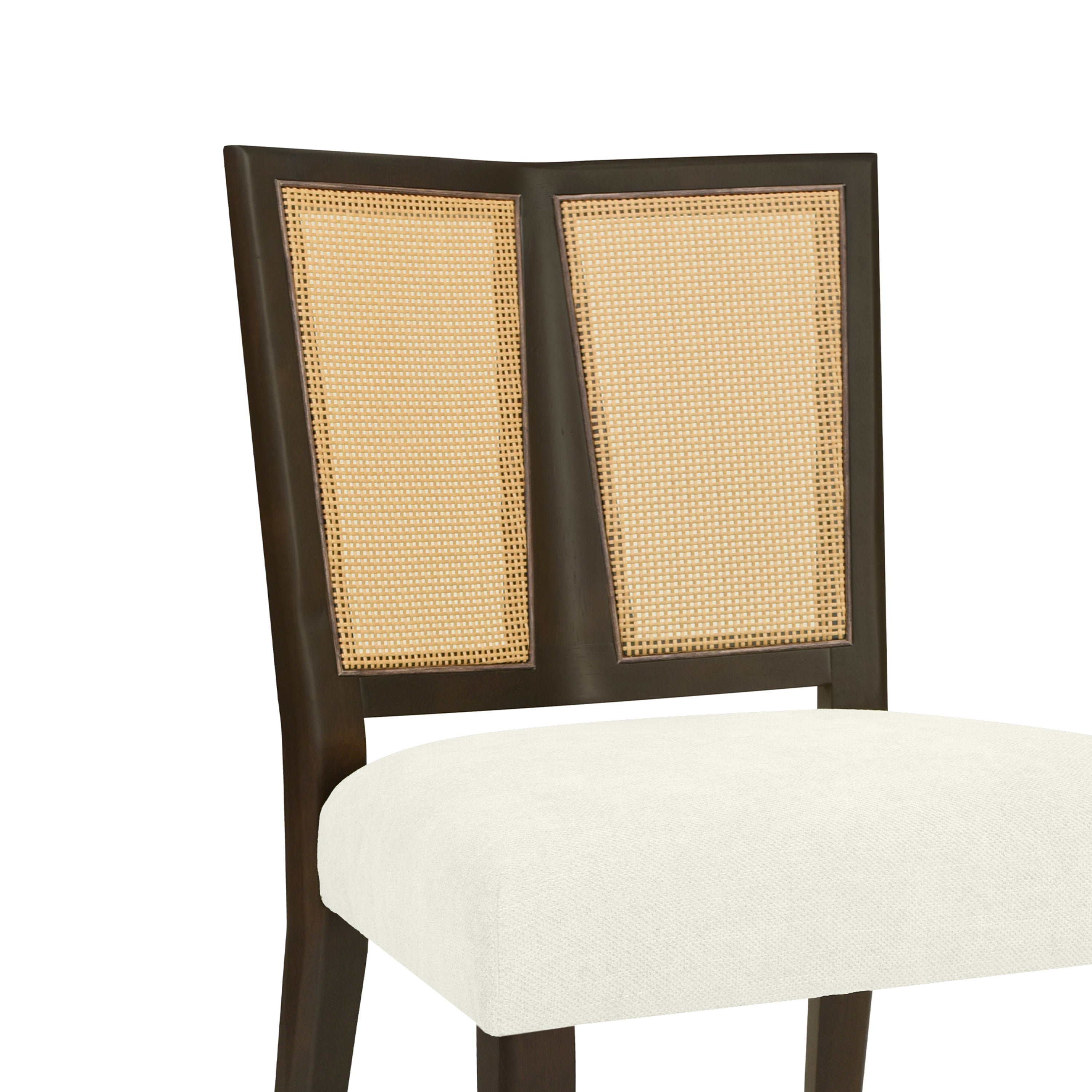 Close-up of Rattan Dining Chair backrest featuring natural cane weave framed in dark wood for a stylish and breathable design.