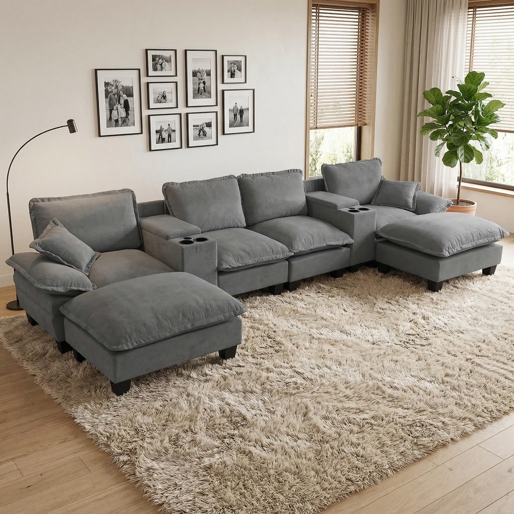 Grey Chenille U-Shape Modular Cloud Couch with Storage & USB
