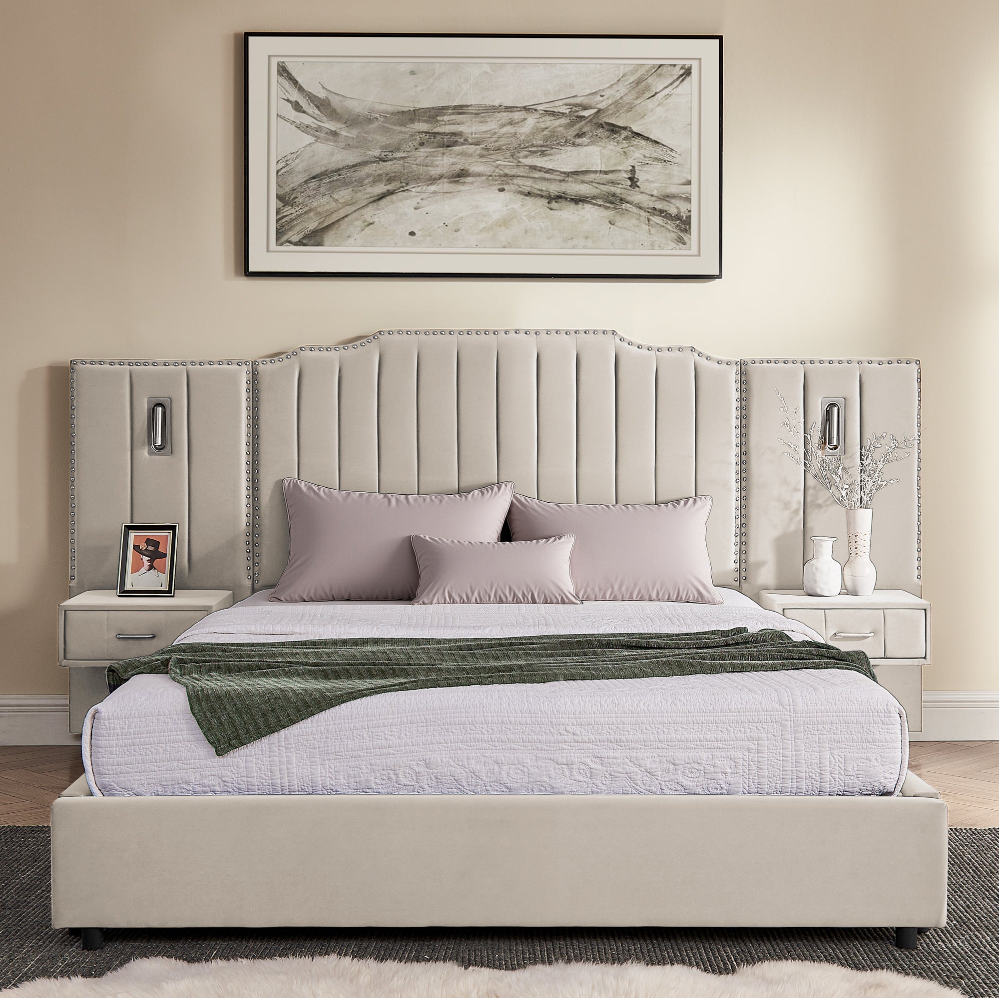 Velvet queen bed frame with vertical stripe headboard, storage drawers, and integrated bedside tables with lamps in a neutral-toned room.