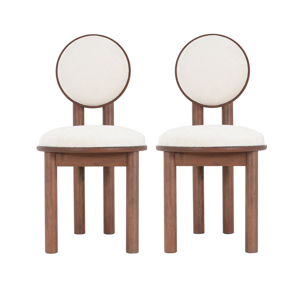 Set of 2 beige fabric dining chairs with round backs and solid wood frames. Elegant and comfortable seating for modern dining spaces.