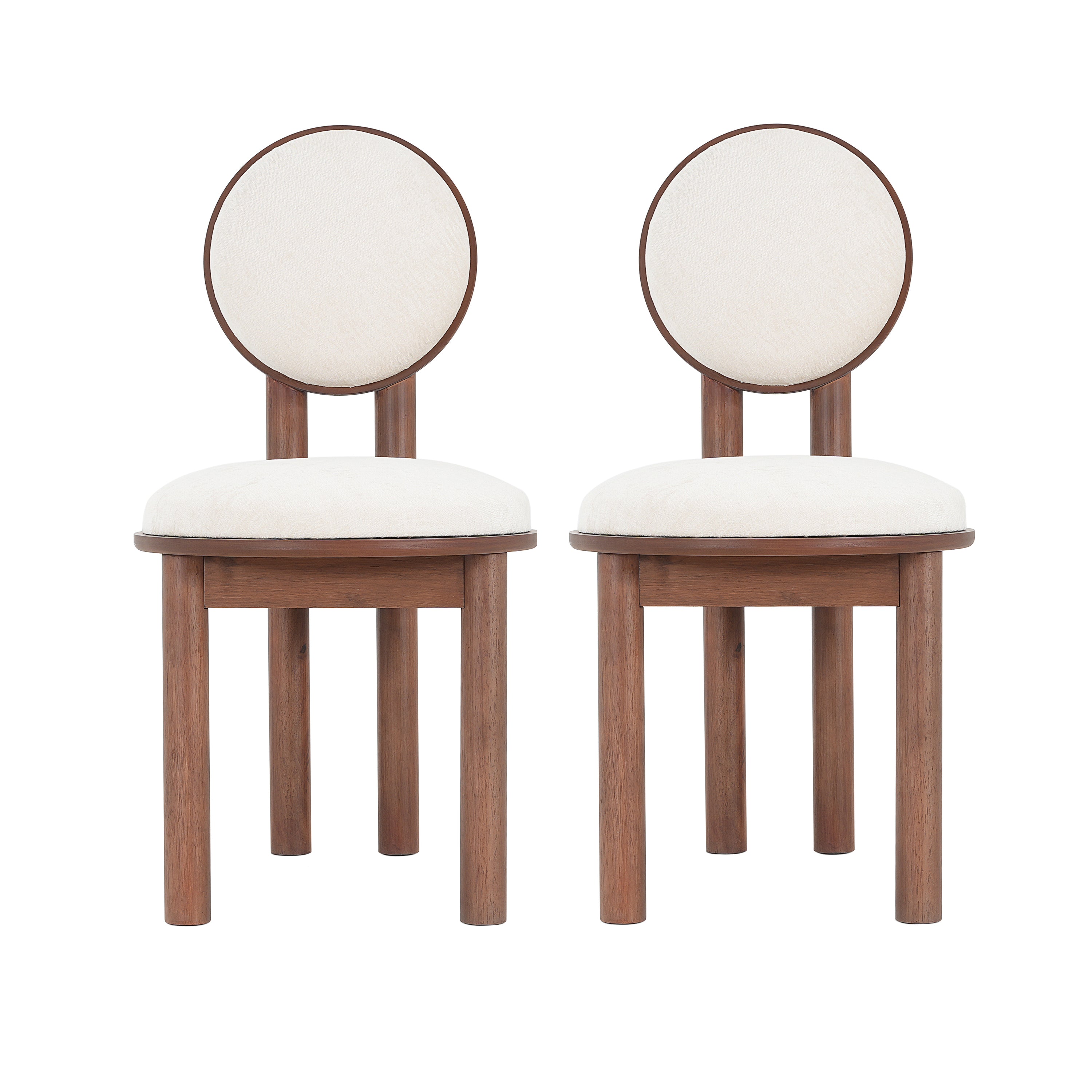 Set of 2 beige fabric dining chairs with round backs and solid wood frames. Elegant and comfortable seating for modern dining spaces.