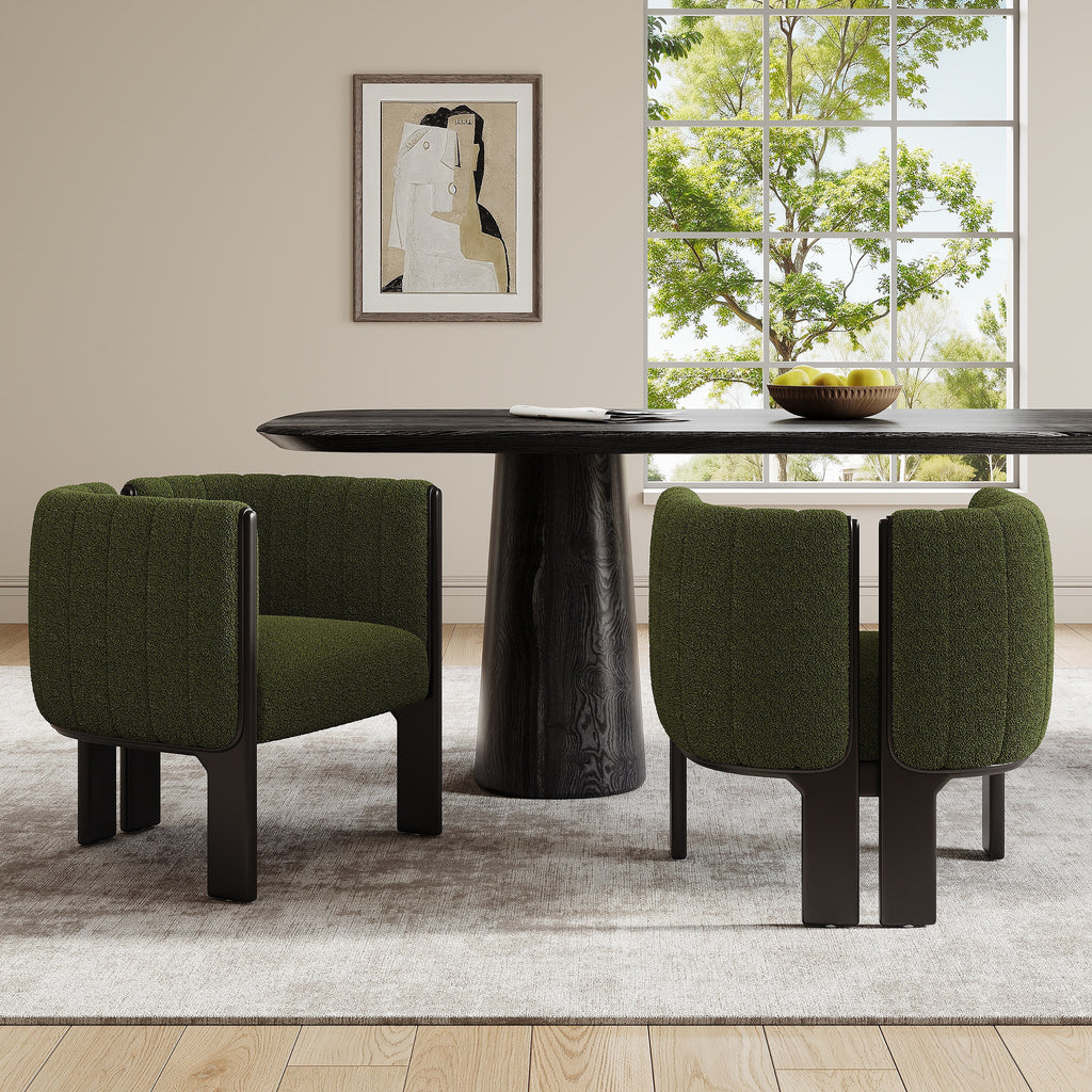 Modern dining chairs set in olive green boucle fabric arranged around a black dining table, ideal for stylish and contemporary dining rooms.