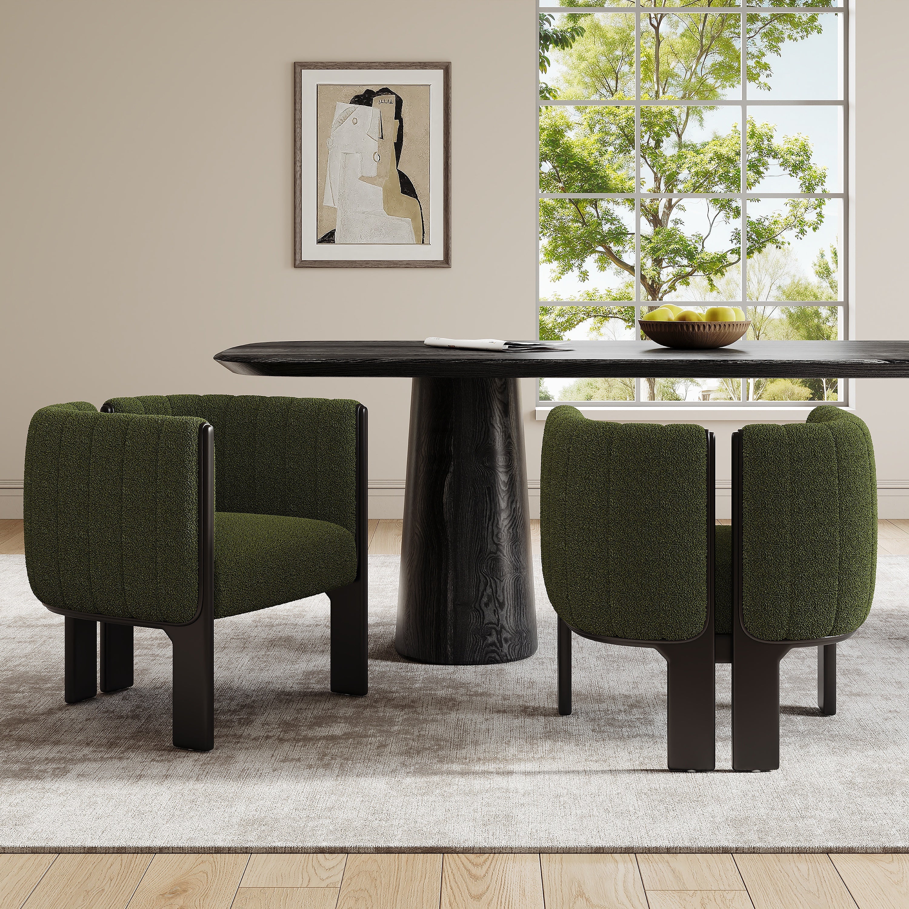 Modern dining chairs set in olive green boucle fabric arranged around a black dining table, ideal for stylish and contemporary dining rooms.