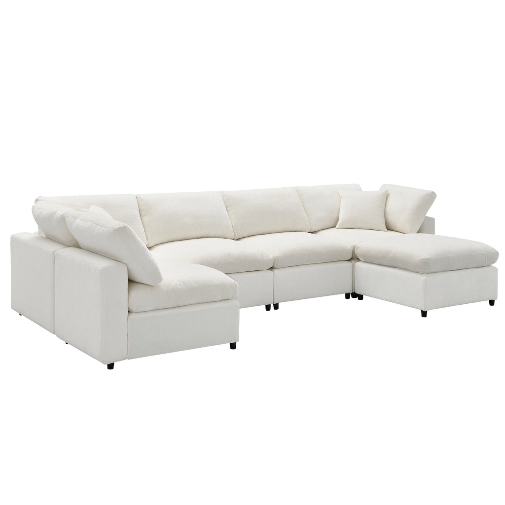 Top side view of 130' Modular Sofa Bed - Convertible 6 Seat Sectional with chaise and corner seat in white chenille.
