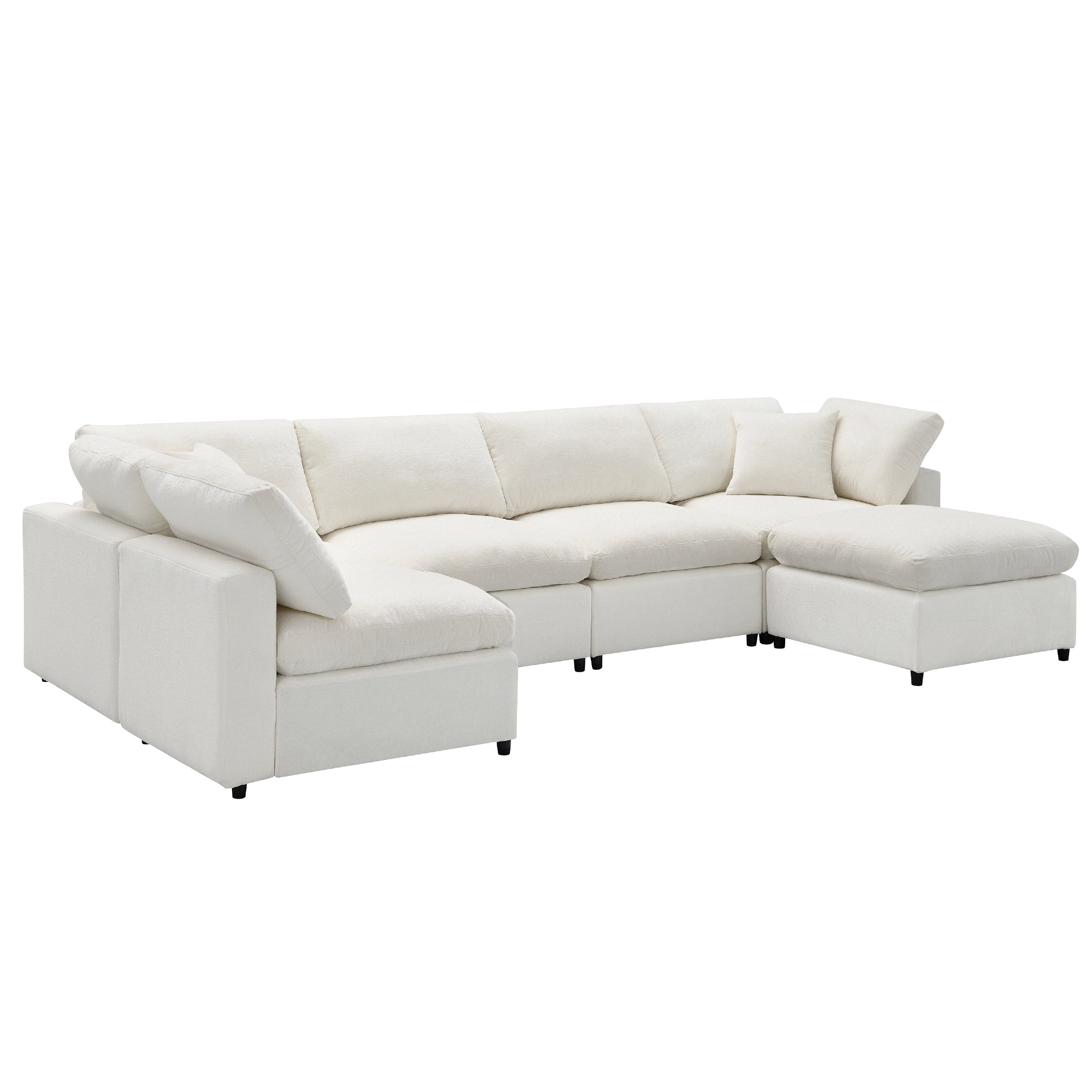 Top side view of 130' Modular Sofa Bed - Convertible 6 Seat Sectional with chaise and corner seat in white chenille.